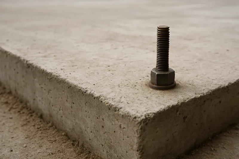 The edge of a bare concrete slab with one anchor bolt standing up from it — pole barn, Tyler. Illustrative example.