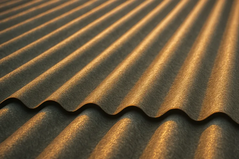 The raised ribs of a corrugated metal roof panel catching low sun — pole barn, Tyler. Illustrative example.