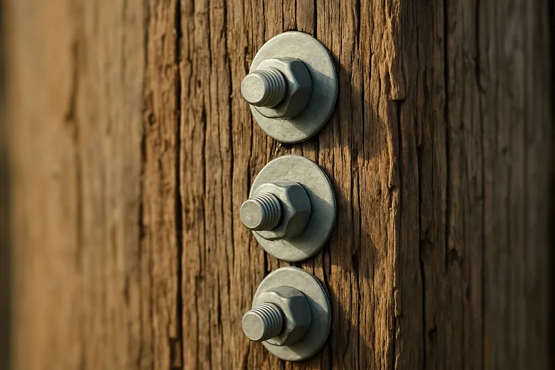 A close view of galvanized bolts and washers through a weathered timber post — pole barn, Tyler. Illustrative example.