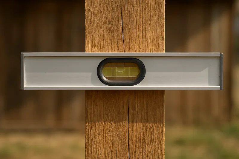 A plain spirit level held against the face of a square timber post — pole barn, Tyler. Illustrative example.