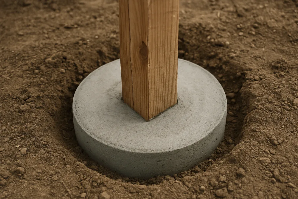 A round concrete collar poured around the base of a timber post in a hole — pole barn, Tyler. Illustrative example.