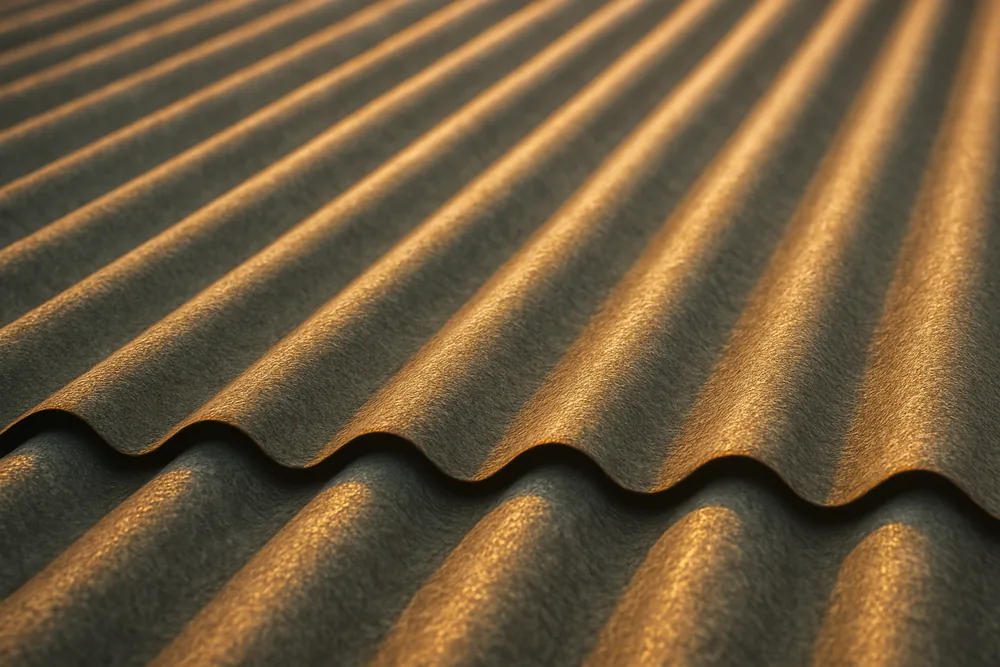 The raised ribs of a corrugated metal roof panel catching low sun — pole barn, Tyler. Illustrative example.