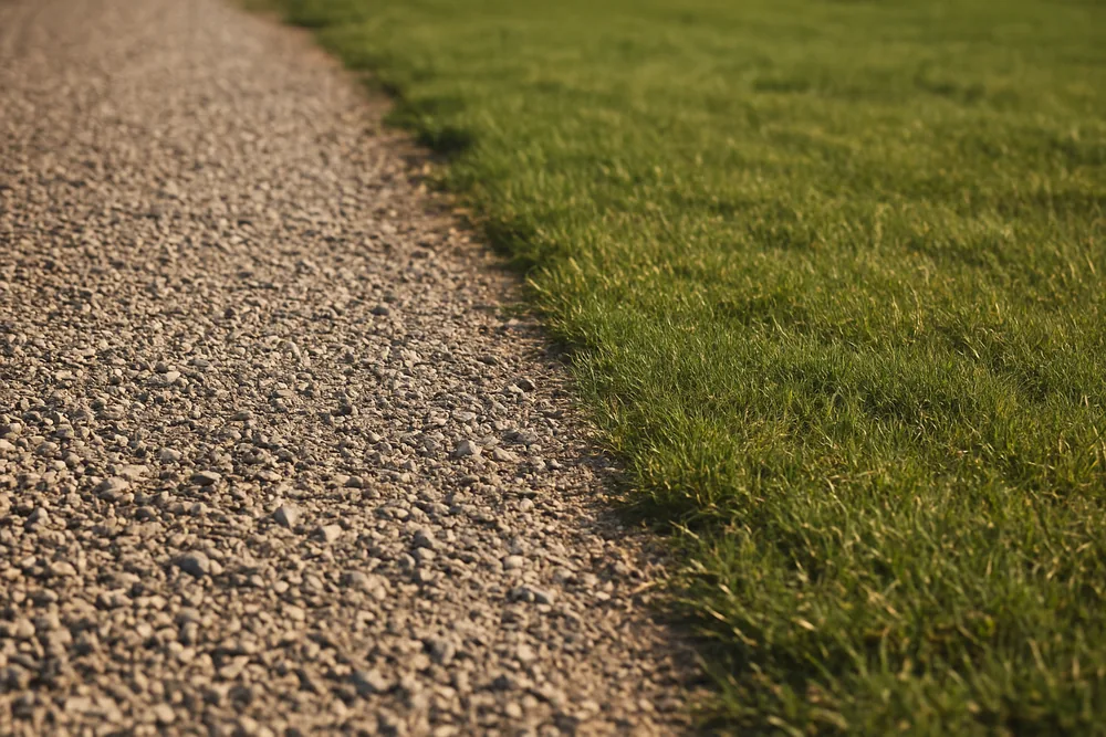 The edge where bare gravel meets short grass in daylight — pole barn, Tyler. Illustrative example.