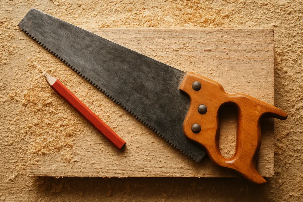 A hand saw and a flat pencil lying on a timber offcut with fresh sawdust — pole barn, Tyler. Illustrative example.