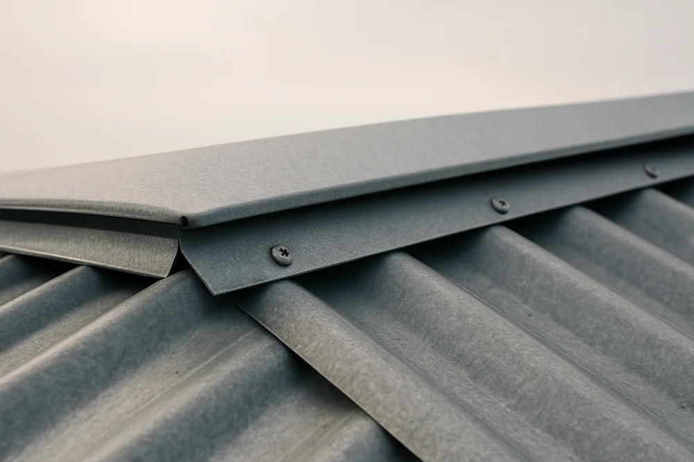 A close view of a metal roof ridge cap fixed over corrugated roof sheets with screws — pole barn, Tyler. Illustrative example.