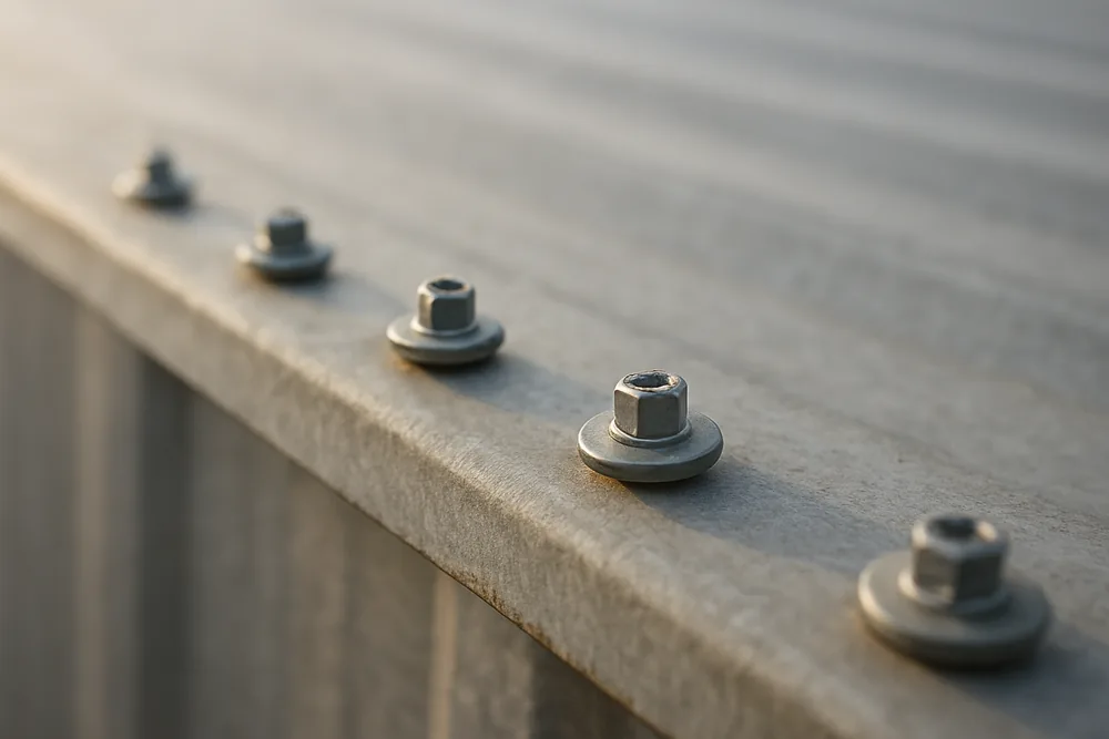 The edge of a metal sheet with a row of roofing screws and washers — pole barn, Tyler. Illustrative example.