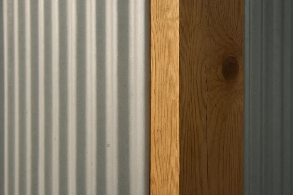 A plain metal wall panel meeting a timber girt at a corner in soft light — pole barn, Tyler. Illustrative example.