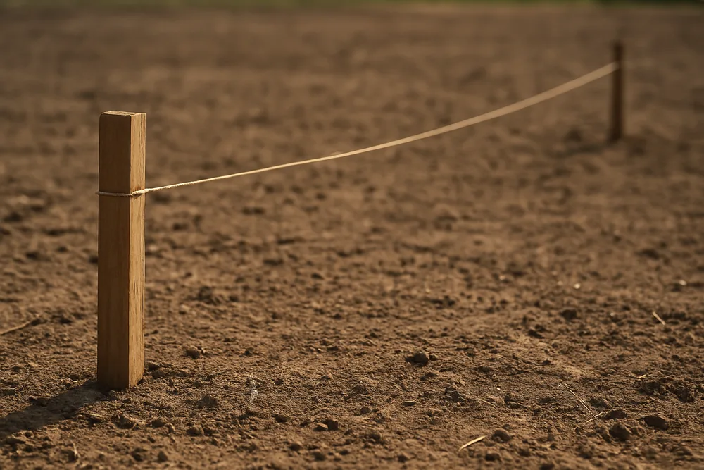 A plain string line pulled tight between two timber stakes over bare level ground — pole barn, Tyler. Illustrative example.