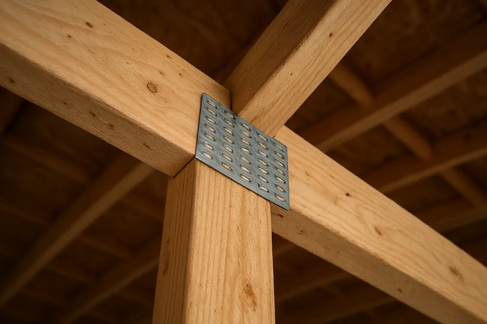 The heel joint of a timber roof truss with a steel nail plate across it — pole barn, Tyler. Illustrative example.