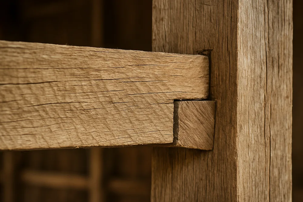 A rough-sawn timber girt notched against a vertical post, wood grain and saw marks visible — pole barn, Tyler. Illustrative example.