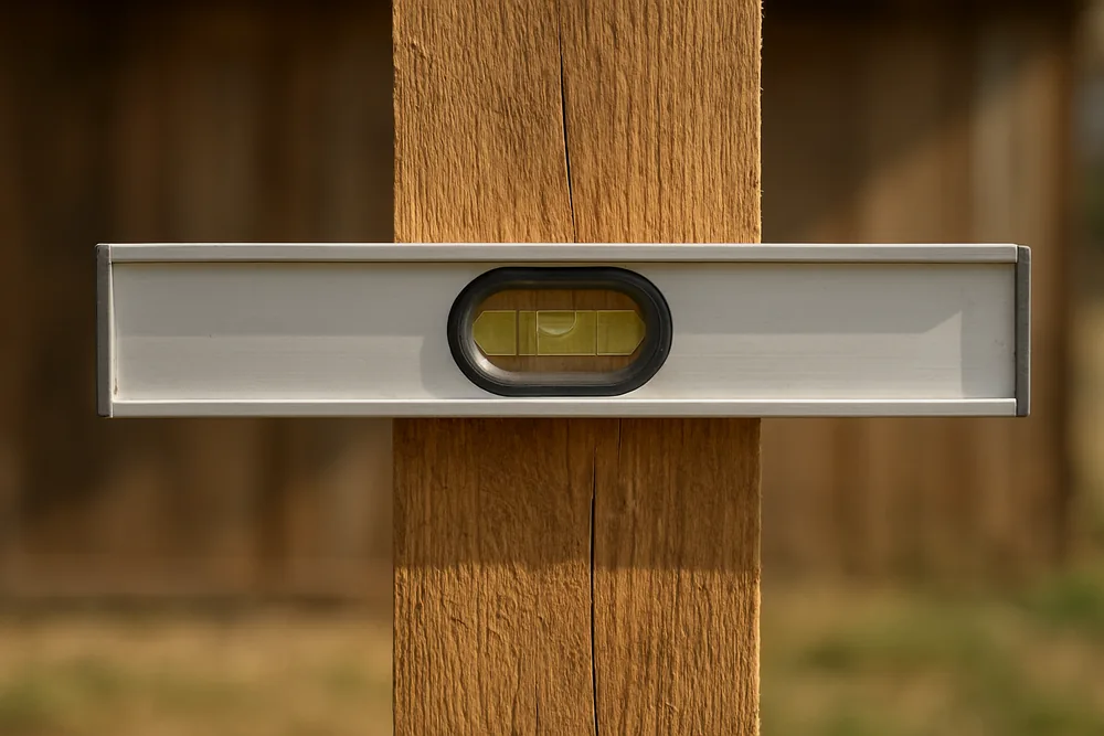 A plain spirit level held against the face of a square timber post — pole barn, Tyler. Illustrative example.