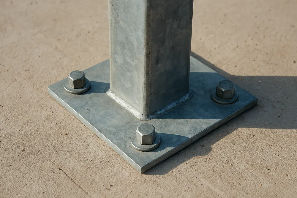 A steel post base plate bolted to a bare concrete pad with nuts and washers — pole barn, Tyler. Illustrative example.