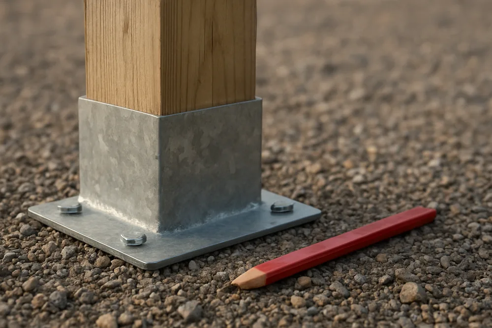 A plain galvanised steel post bracket bolted to the foot of a bare timber post on gravel — pole barn, Tyler. Illustrative example.