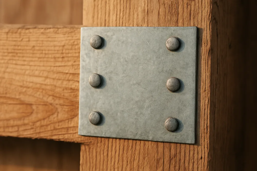A plain steel truss plate nailed across the joint at the end of a timber beam — pole barn, Tyler. Illustrative example.