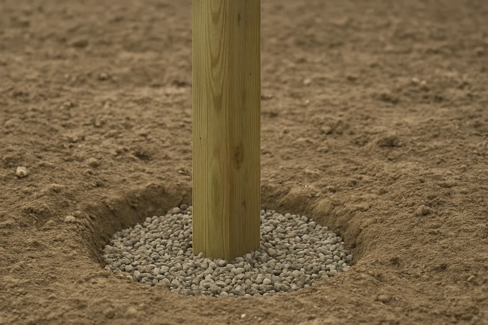 A treated timber post standing upright in a round hole backfilled with gravel — pole barn, Tyler. Illustrative example.